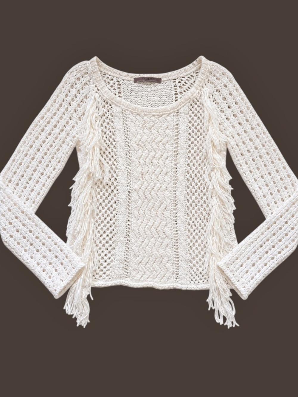 GUESS Cream Fringe Open Knit Sweater Western Boho Vibe S